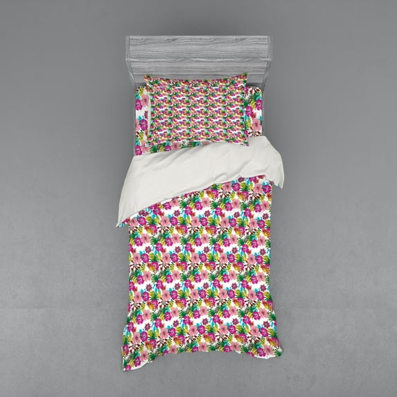 Ambesonne Floral Bedding Set 3 Pcs, Tropical Hawai Flowers, Twin XL, Multicolor