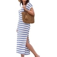 thumbnail image 5 of Short Sleeved Women V-neck Casual Loose Knit Dress Lapel Striped Print Straight Knee Sweater Dress, 5 of 5