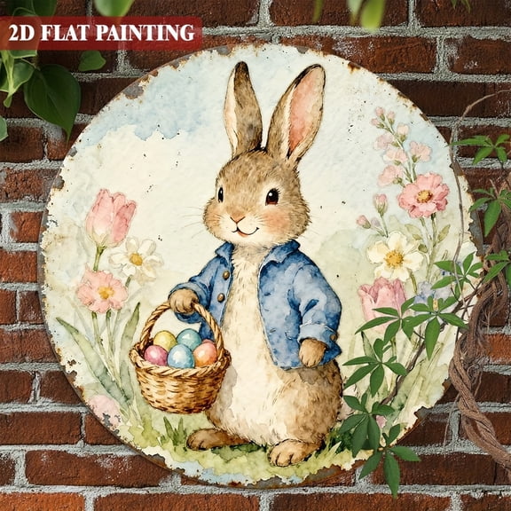 HELLOYOUNG Vintage Easter Wall Art Sign, Rustic Round Metal Plaque with Bunny Egg Basket & Spring Flowers, Farmhouse Home Decor for Easter Spring Wall Decor