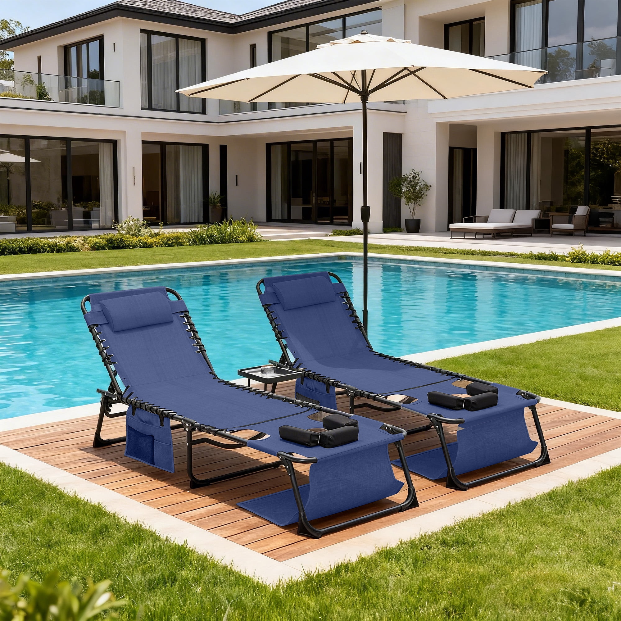 2‑Pack Dark Blue 5‑Position Adjustable Face‑Down Chaise Lounge Chair, Foldable Tanning Recliner with Face & Arm Holes, Outdoor Sunbathing Chair for Pool Beach Patio Lawn