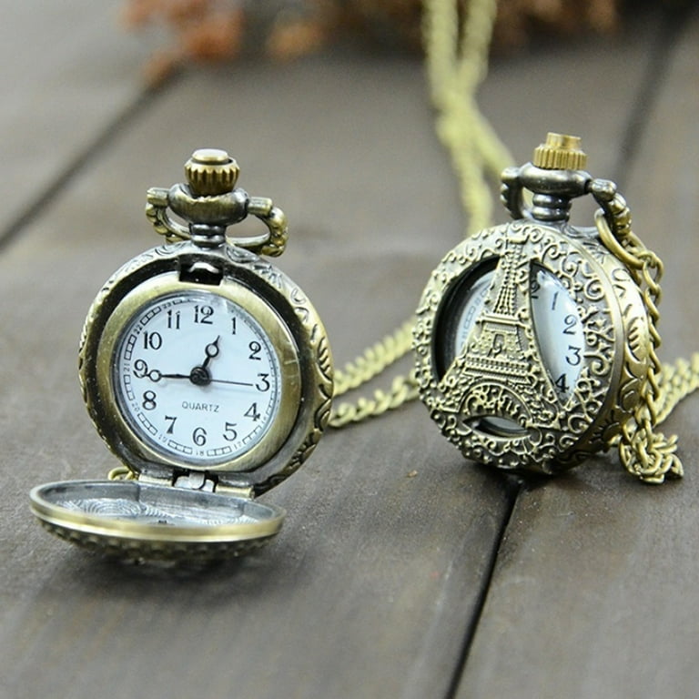Wharick Vintage Quartz Pocket Watch Necklace Carving Pendant Chain