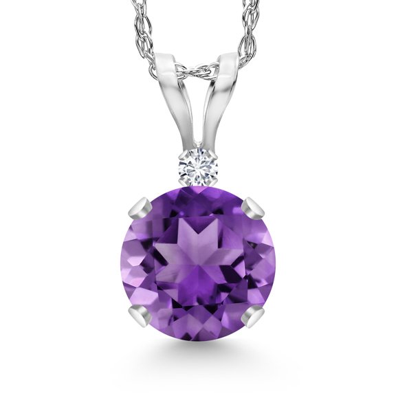 Gem Stone King 14K White Gold Purple Amethyst and White Diamond Pendant Necklace for Women | 0.72 Cttw | Gemstone February Birthstone | Round 6MM | With 18 inch Chain