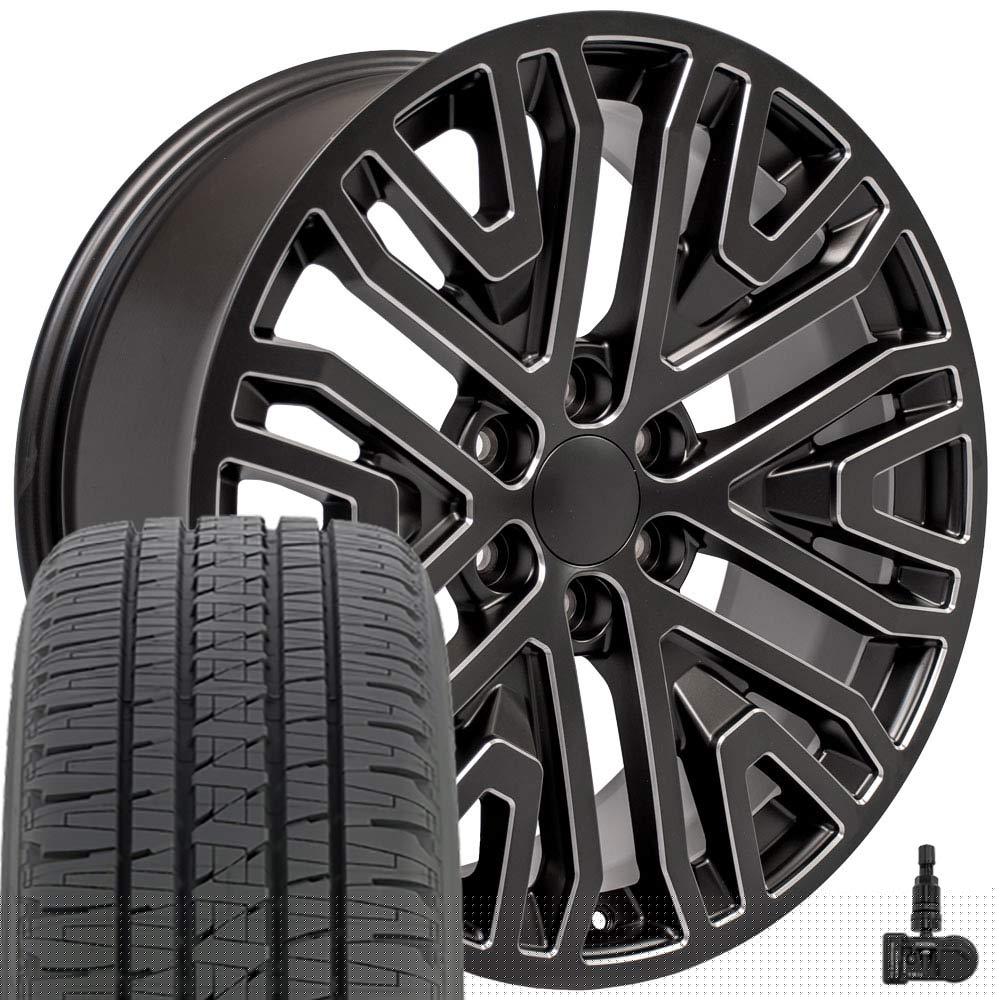 OE Wheels CV37 22 Inch Rims and Tires Fit Sierra 1500 Style 6x139.7 22x9 Satin Black with Milled Edge - Hollander 5906 - Dueler H/L Alenza 285/45-22 (Set of 4)