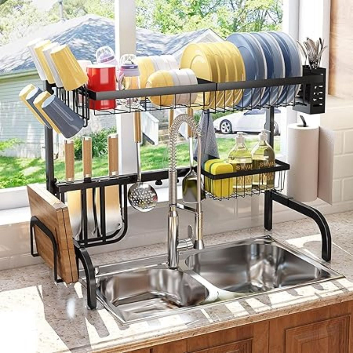 Over The Sink Dish Drying Rack, Adjustable (25.5 to 33.5 inch) 2 Tier Metal Steel Dish Drying Racks for Kitchen Counter with Hooks Paper Towel Utensil Cup Holder Sink Caddy (Black)