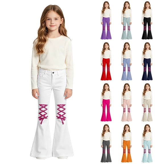 Rvusndi Flare Pants Girls Flare Leg Jeans Casual Unique Tie Print Design Comfort with Pockets Soft Elastic Waist Stylish Trousers Everyday Wear Relaxed Fit 5-16 Years