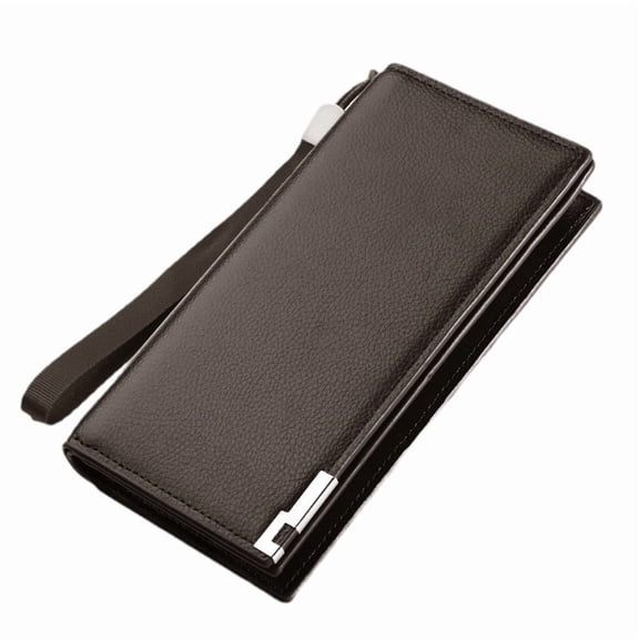 Premium Men's PU Leather Long Wallet with Wrist Strap, Large Capacity Zipper Clutch Purse, Business Bifold Organizer for Cards and Cash Coffee