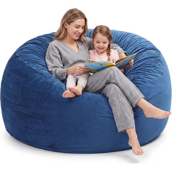 Kromax Bean Bag Chair with Filling Included, Large 4FT Comfy Bean Bag Chairs for Adults, Teens, Memory Foam, Machine Washable Thick Dutch Velvet Cover, for Living Room, Den, or Bedroom, Blue