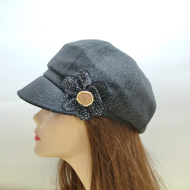 Women\'s Black Cotton Cabbie Cap Beret Hats with Flower Buckle Juiterchy Women Retro Classic Visor Newsboy Cabbie Cap Beret  main image 4