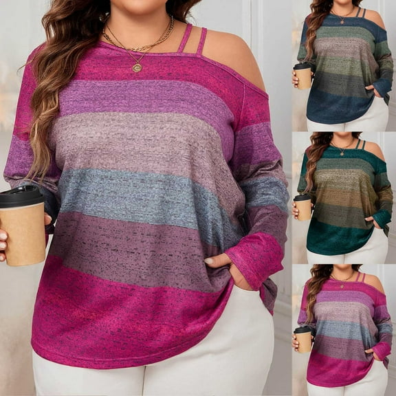 Olyvenn Stylish Women's Tshirts Spring Trendy Casual Clothes Asymmetric Neckline Off Shoulder Long Sleeve Sexy Cute Tops Blue 3XL