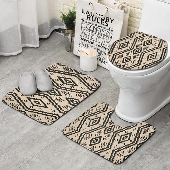 Beige Geometric Diamond Dot Pattern Bathroom Rugs Sets 3 Piece,Toilet Cover Set,Absorbent Non Slip Bathroom Mats Sets with U-Shaped Contour Rug Toilet Rug Set