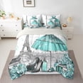 thumbnail image 3 of Fashion Woman Dress Bed in a Bag 7 Piece Modern Bedding Sets Twin Eiffel Tower Comforter Set with Sheets Teal Dress Perfume Print Bed Set Romantic Makeup Themed Sheets, 3 of 5