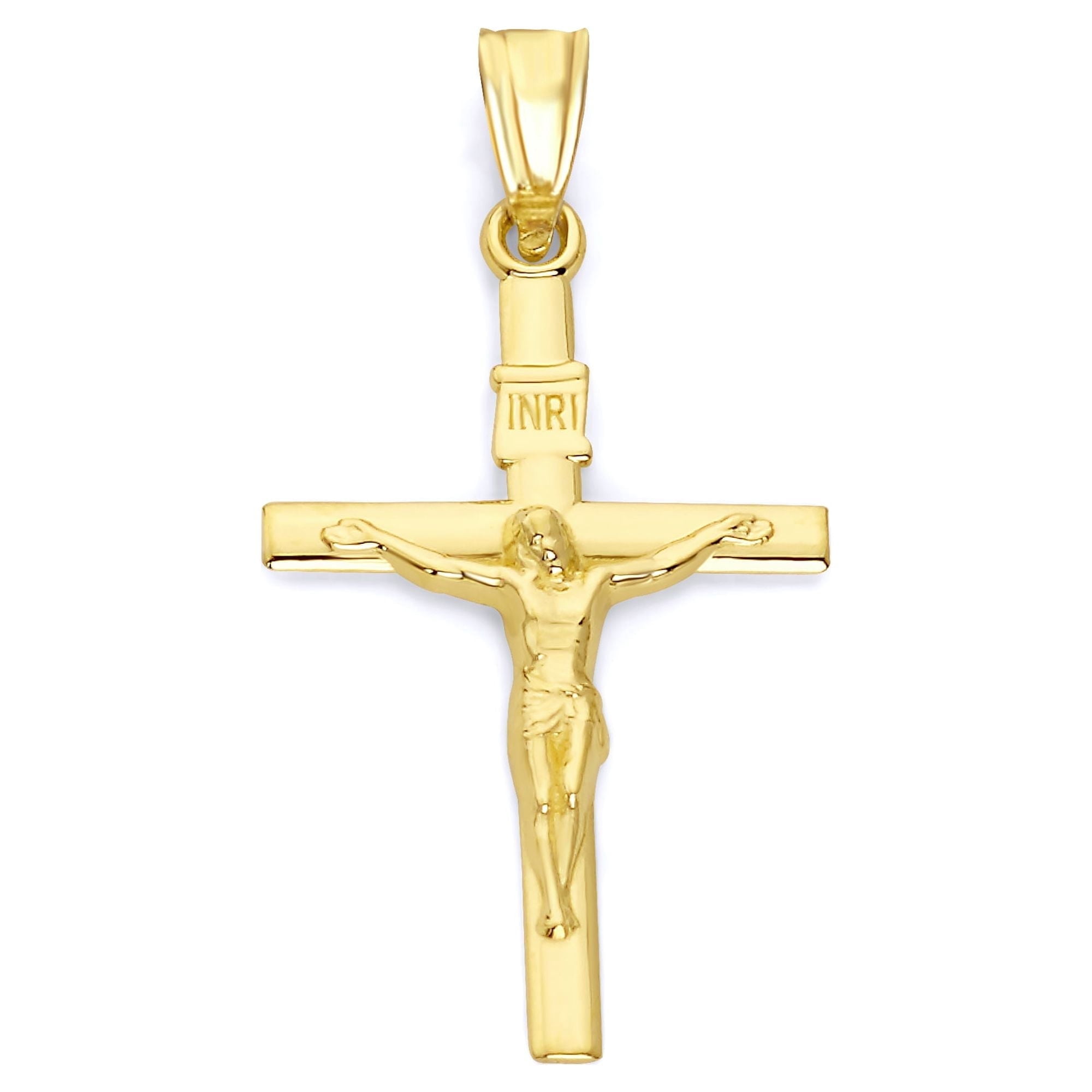 Golden Fire Solid 10k INRI Cross Pendant - Religious Jewelry Gifts for Women