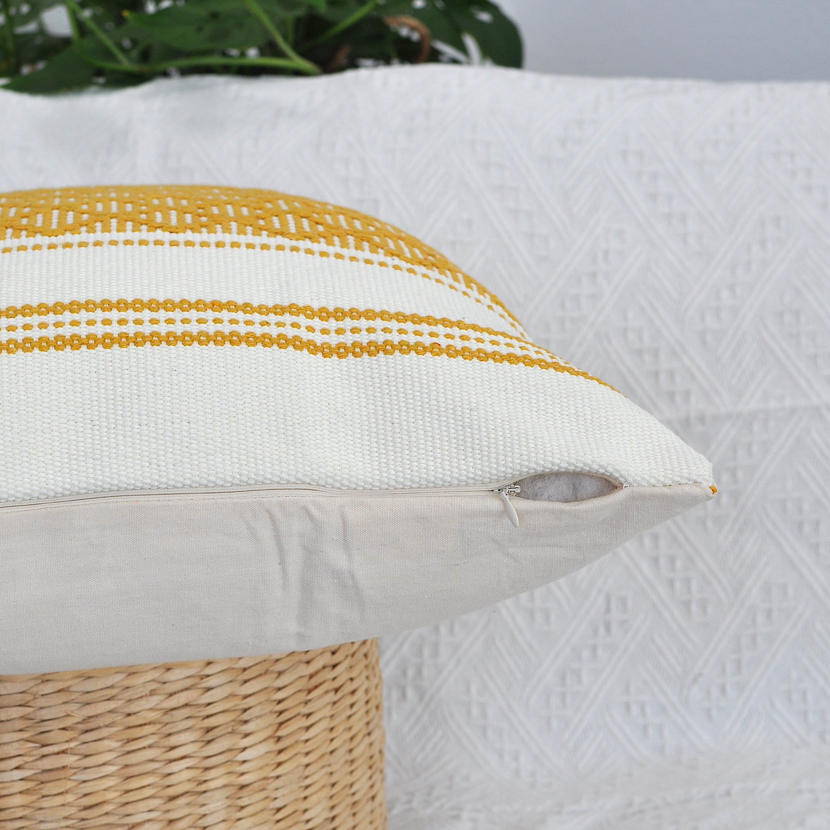 Cotton Woven Designer Throw Pillow Cover, Mustard Yellow & Off White, 20 x 20 inches | Square Cushion Covers with Geometric Design Set of 2