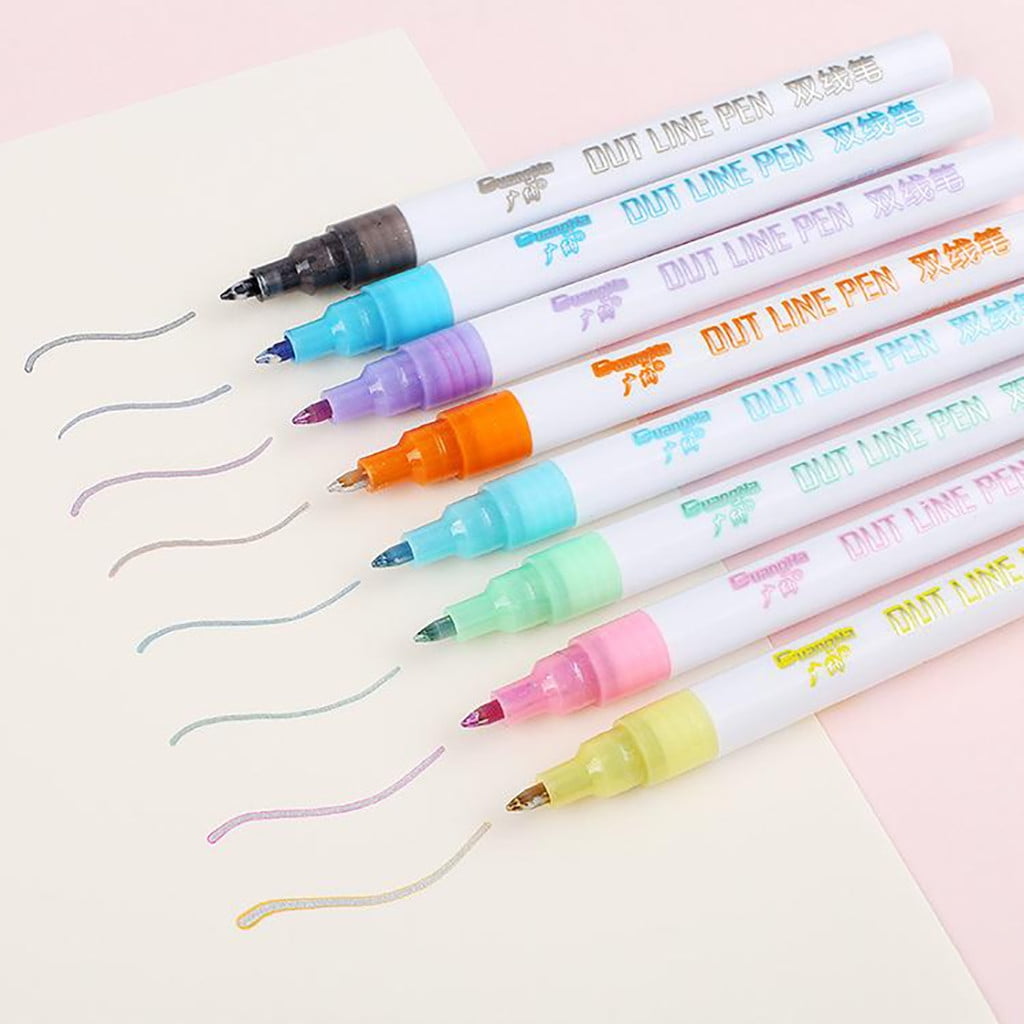 8Pcs Double Line Outline Markers – Glitter Markers & Outline Markers Metallic, Metallic Outline Markers, Double Line Markers for DIY Valentine's Day Bouquets