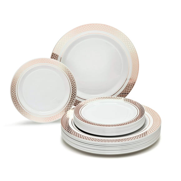 OCCASIONS 240 Plates Pack,(120 Guests) Heavyweight Premium Wedding Party Disposable Plastic Plates Set -120 x 10.5'' Dinner + 120 x 7.5'' Salad/Dessert plates (Celebration White & Rose Gold)