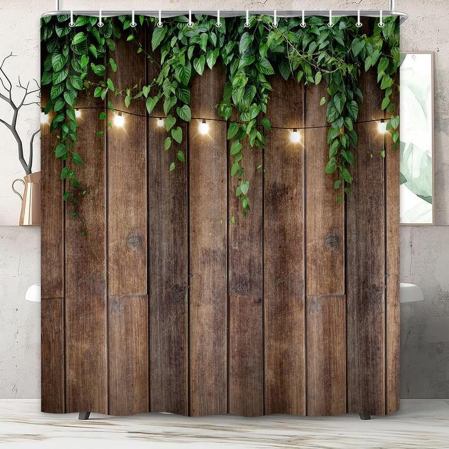 Rustic Outdoor Wall Shower Curtain, Brown Camo Shower Curtain Set for Bathroom, Vintage Wooden Bran Door Green Leaves Fabric Shower Curtain Restroom Bathtub Decor Accessories with Hooks 72X 75 inch