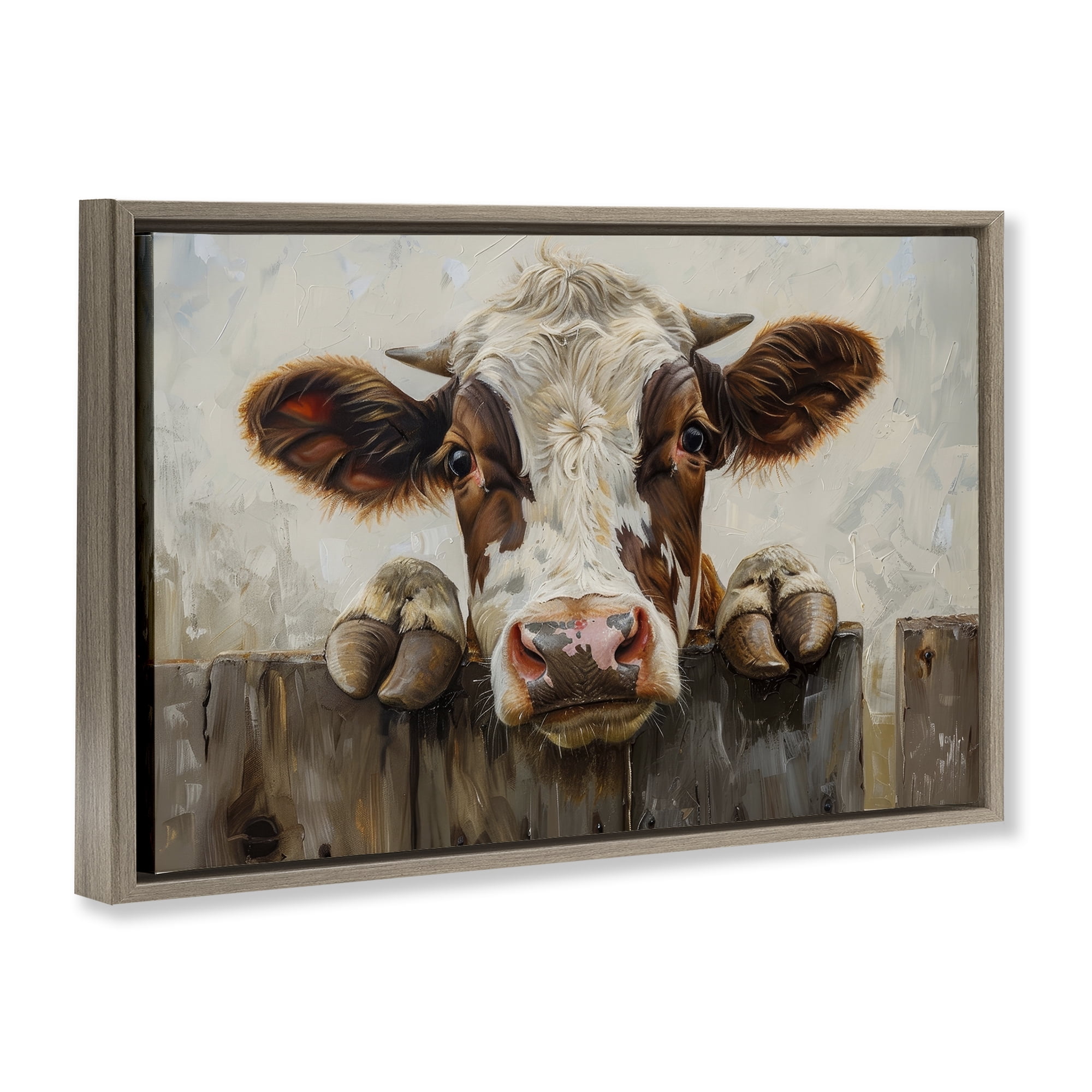Stupell Industries Cow On Fence Animals & Insects Painting Brown Floater Framed Canvas Art Print Wall Art, 31 x 21