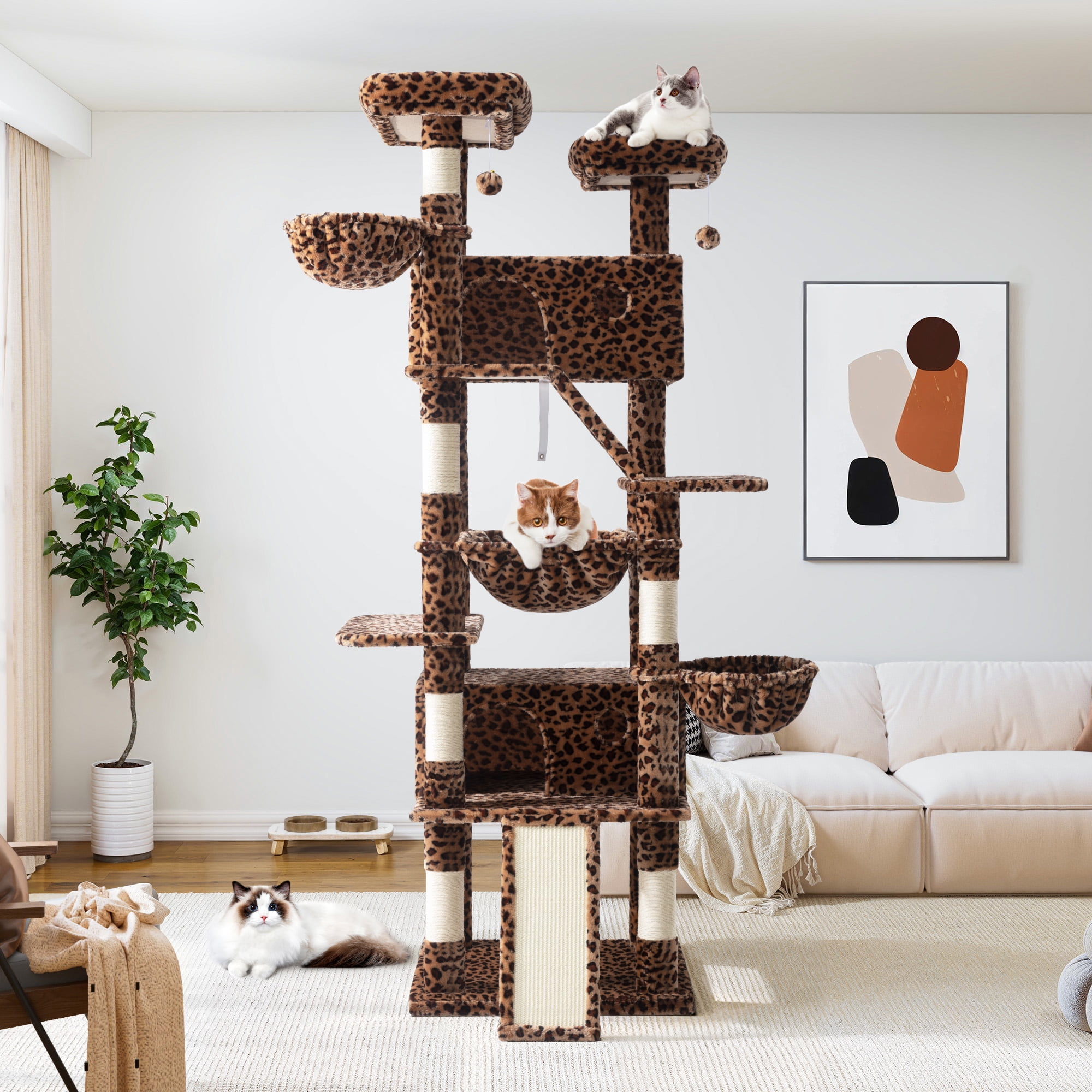 Allewie 81 Inches Multi-Level Tall Cat Tree for Large Cat, Cat Climbing Tree with Cat Condo and Hammock, Scratching Post, Wide Base, Leopard Print