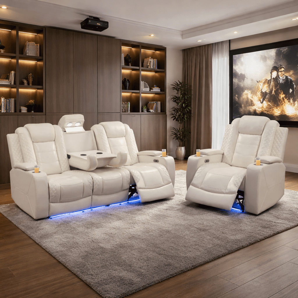 Gewnee 3-Seat Power Adjustable Sofa with 1 Recliner, Console, Cup Holders & LED Lights, Air Leather, Adjustable Recline, for Living Room,Beige