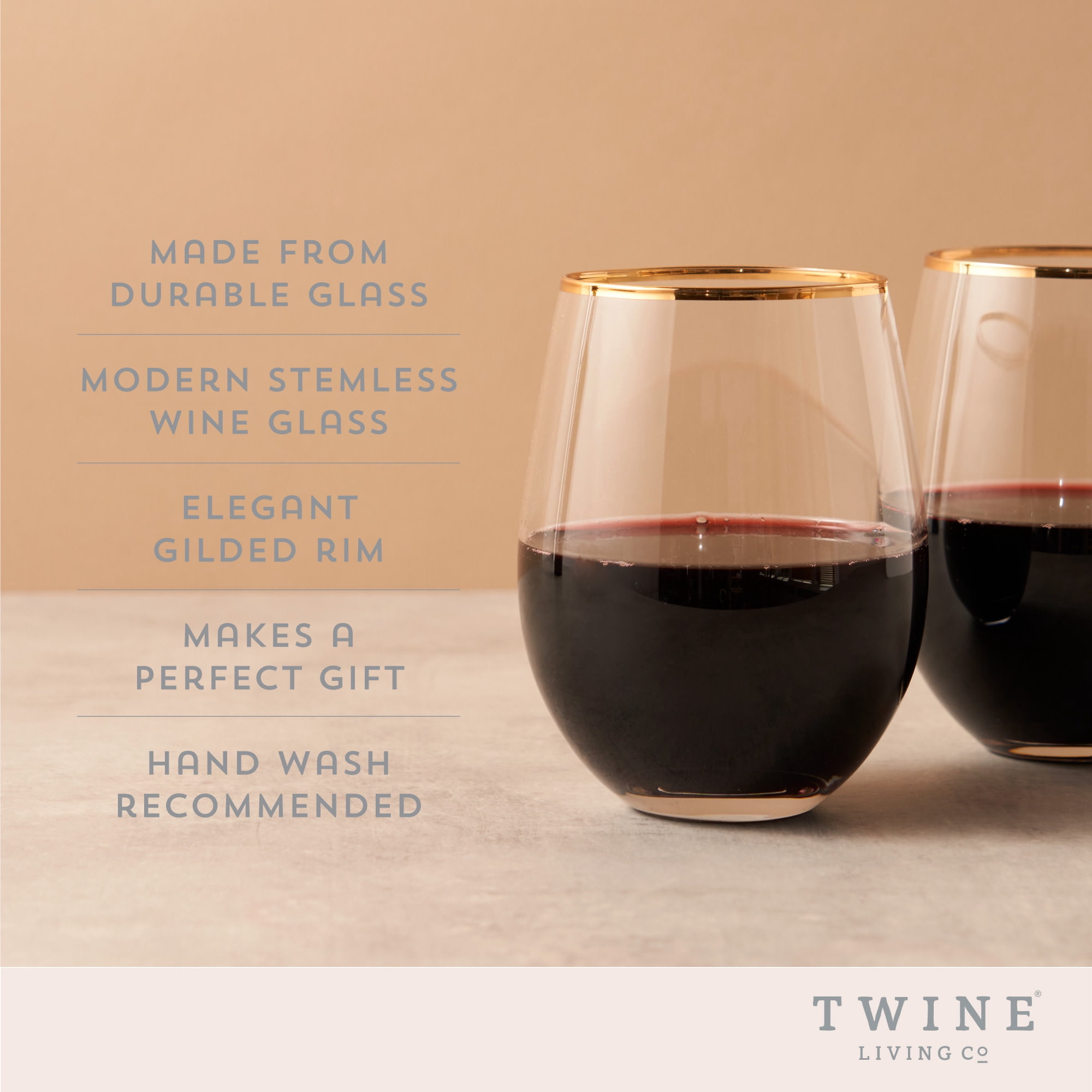 Twine Gilded Gold Rimmed Stemless Wine Glasses, Party Barware 18oz Set of 2