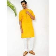 In-Sattva Men's Mandarin Collar Indian Long Tunic Kurta with Shoulder Straps; Golden Yellow; SM