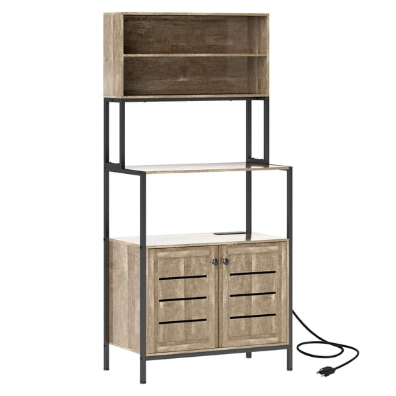 Baker's Rack with Power Outlet, Microwave Stand with Storage, Gray Wood Grain