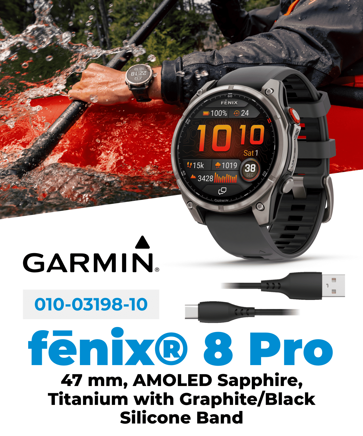 Garmin Fenix 8 Pro - 47mm AMOLED Sapphire Premium Connected Multisport GPS Smartwatch, inReach, Titanium & Graphite/Black Silicone Band w/ Wearable4U Black Earbuds Bundle