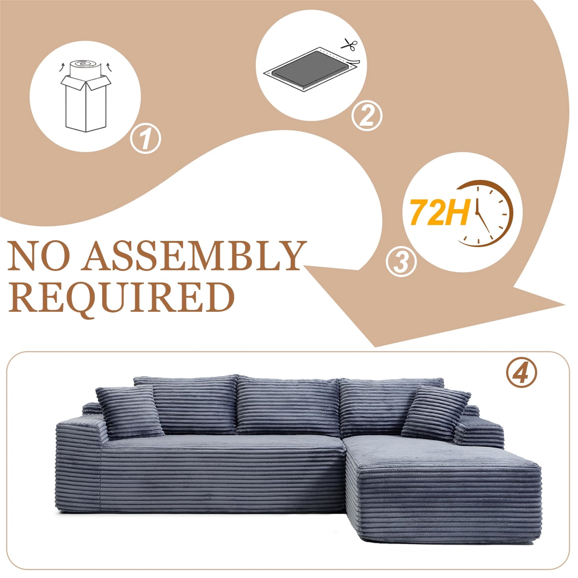 Aukfa 105" Cloud Sectional Sofa Boneless Couch Modular Sofa Bed for Living Room, 2Pillows, Right Chiase, Corduroy, Gray