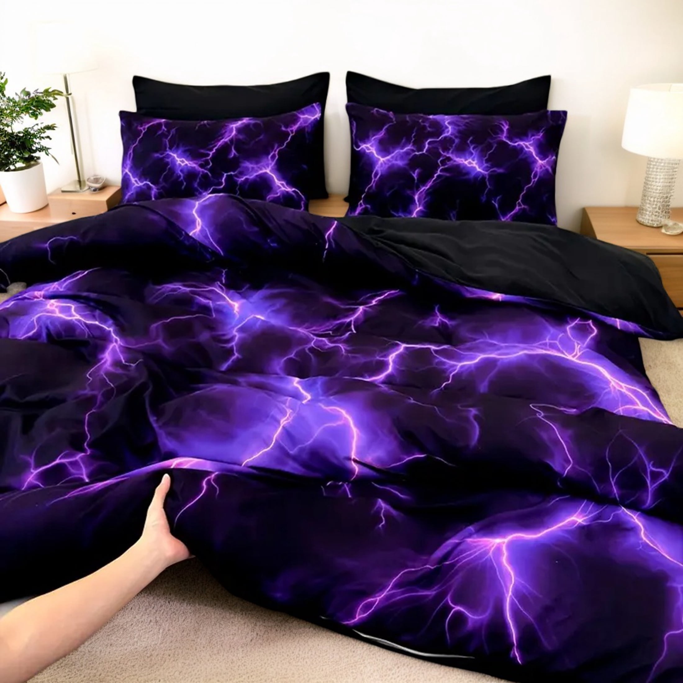 Orylavena Purple Lightning Microfiber Duvet Cover Set, Black Back, Twin