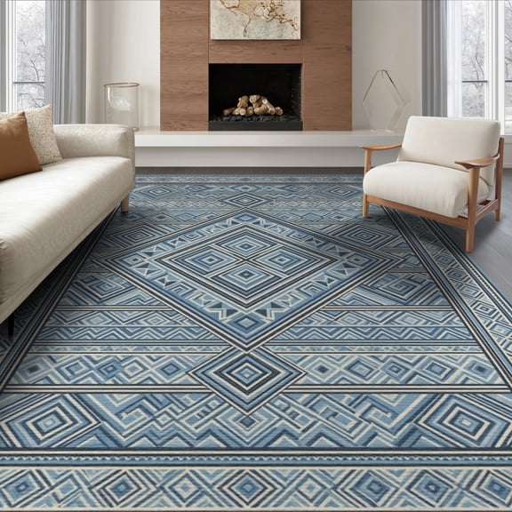 ODIKA 8'x10' Washable Area Rug Durable, Non-Slip Grey Geometric Skid Checkered Boho Interlocking Diamond Medallion with Trellis Bands for Living Room, Under Sectional, Family