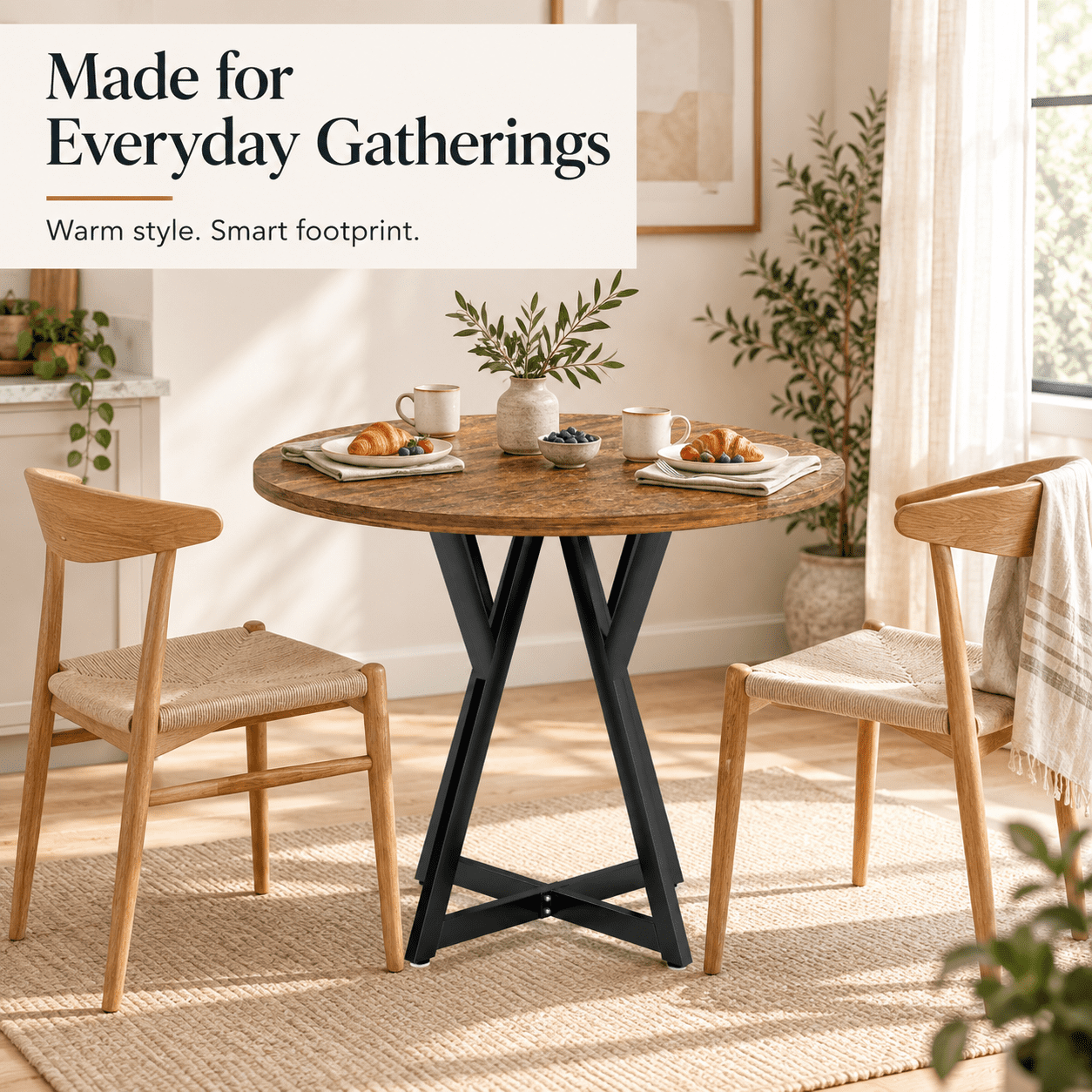 Furnibear 36 Inch Round Dining Table with Sturdy Metal Pedestal Base, Rustic Wood Grain for Kitchen Dining Room Small Space, Antique