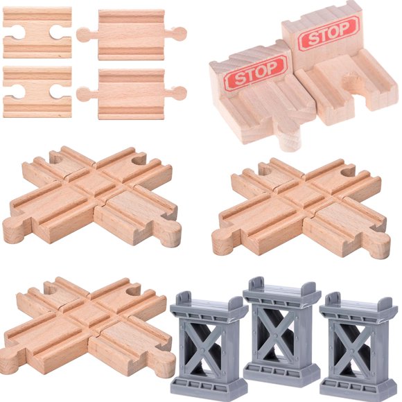 Ioffersuper 12 pcs Wooden Train Track Set Male-Male Female-Female Bump Track Bridge Pier Track(Random Color) Cross Track and Stop Track Compatible with All Major Brands (Mix)