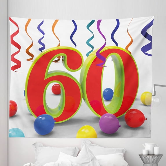Colorful Tapestry, Party Swirls with the Baloons Ribbons and Green Orange 60 Number, Fabric Wall Hanging Decor for Bedroom Living Room Dorm, 5 Sizes, Multicolor, by Ambesonne