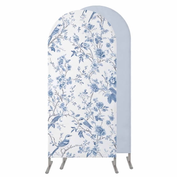 Blue White Spring Floral Wedding Arch Cover, Stretchy Spandex Arch Backdrop Stand Covers 7.2 FT, Summer Botanical Birds Round Top Arched Backdrop Cover for Birthday Party Ceremony Baby Shower Event