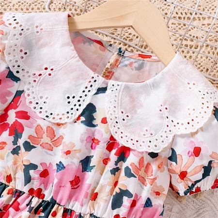 

PEASKJP Dresses for Girls Children Girls Pleated Short Sleeve Floral Floral Flowy Round Neckline Dress Fit Flare Girls Dress Pink 3-4 Years