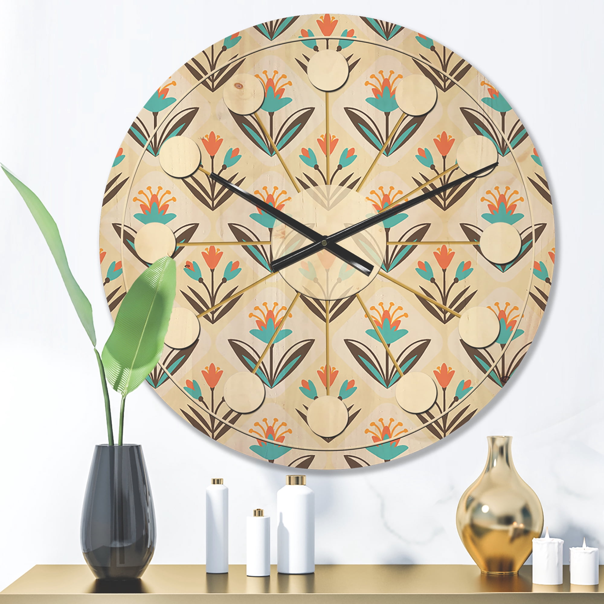 Designart 'Floral Ornament With Pattern' Mid-Century Modern Wood Wall Clock