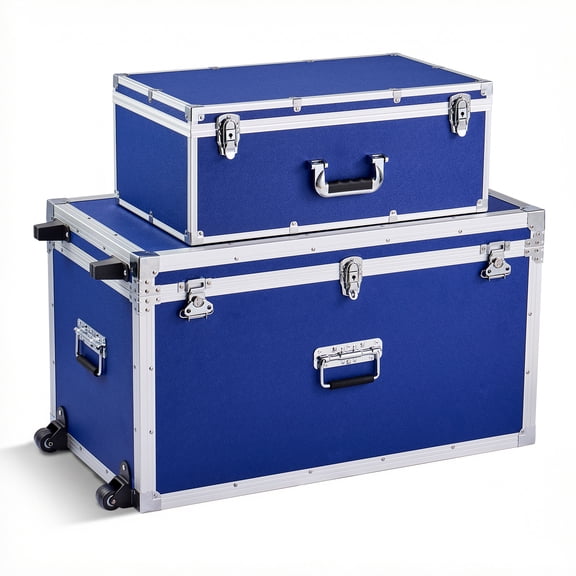 KFFKFF Set of 2 Metal Storage Trunks with Wooden Design, Includes Padlocks, Casters, and 3 Metal Handles, Decorative Storage Boxes with Lids for Travel, Home, or Dorm Use, Blue