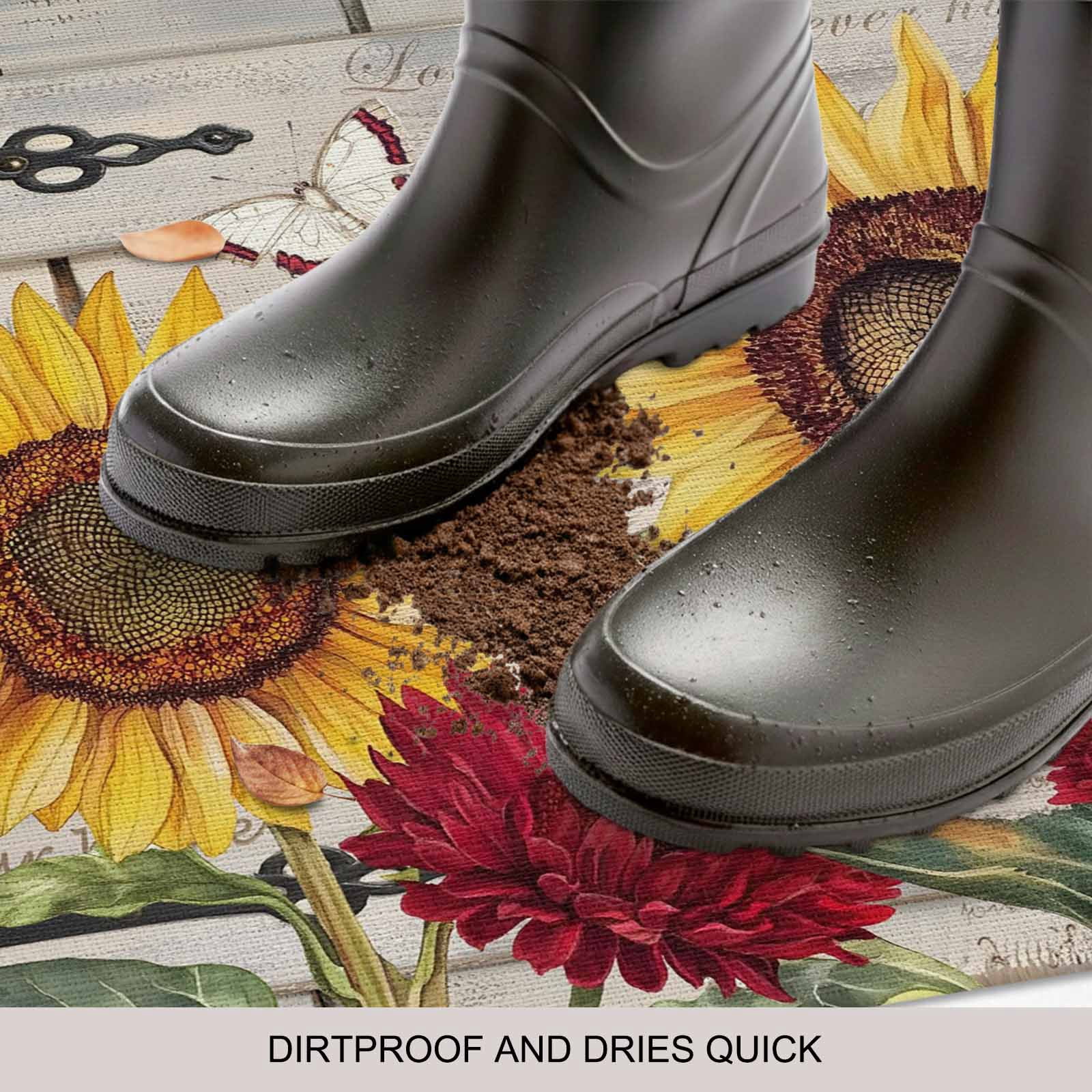 Red Yellow Sunflowers Doormat Outdoor Entrance 16"x24", Retro Rustic Barn Doors Butterfly Brown Absorb Moisture Dirt Door Mats, Non-Slip Rubber Backing Floor Mats Indoor, Low-Profile Front Door Rugs