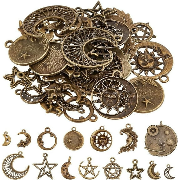 1 Box 58Pcs 15 Styles Celestial Charms Star Moon Charms Crescent Stars Bulk Bronze Retro Magic Charm for Jewelry Making Charms Supplies DIY Necklace Bracelet Earrings Adult