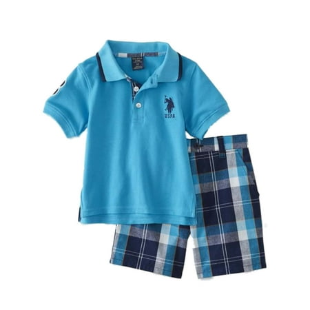US Polo Assn Infant Boys Bright Blue Polo Baby Outfit Blue Plaid Set
