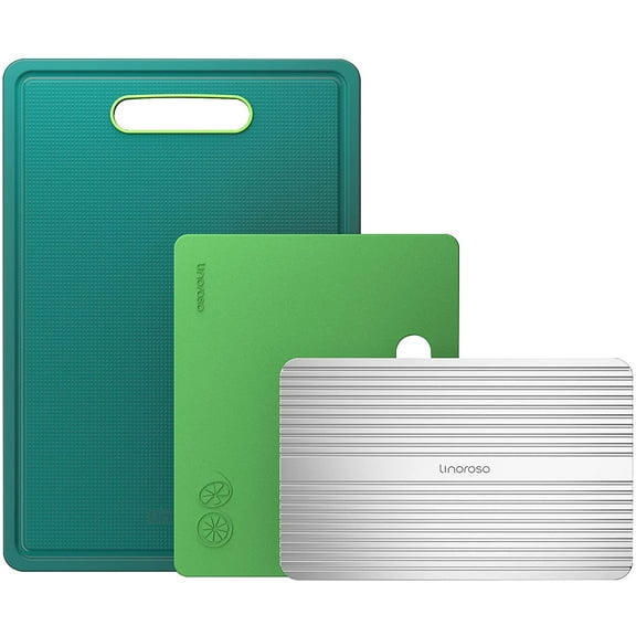 Linoroso Cutting Boards for Kitchen with Defrosting Tray Set of 3, Dishwasher Safe Plastic Cutting Board with Deep Juice Grooves - Lime