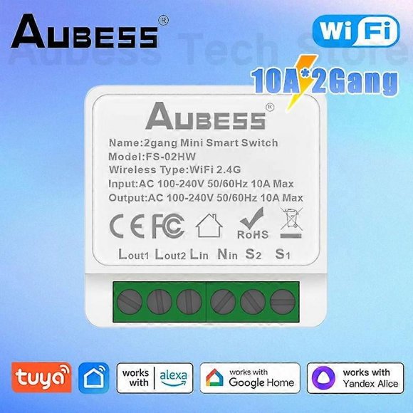 AUBESS WiFi Switch 110/220V Tuya Smart Home Automation MINI DIY 2-Gang
