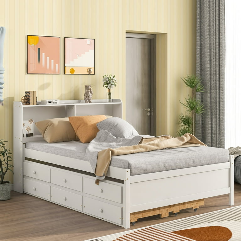 White full bed with storage drawers discount