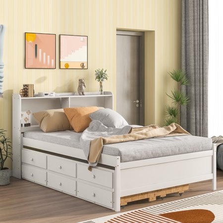 paproos White Full Size Bed Frame with Trundle Included  Wood Platform Bed with Bookcase Headboard and 3 Storage Drawers  Space Saving  Full Bed Frame for Kids Teens Adult  No Box Spring Needed