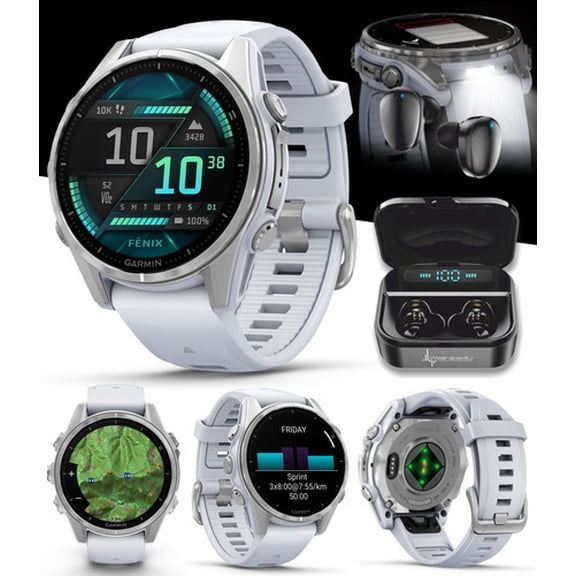 Garmin Fenix 8ÂÂ 43 mm, AMOLED Multisport GPS Smartwatch, Silver with Whitestone Silicone Band, Built-in LED Flashlight with Black EarBuds