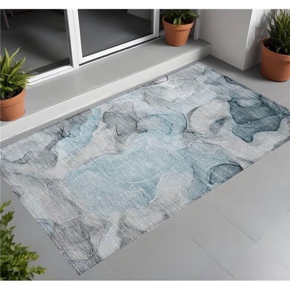 HomeRoots 559532 2 x 3 ft. Teal Abstract Washable Non Skid Indoor Outdoor Rectangle Machine Woven Area Rug