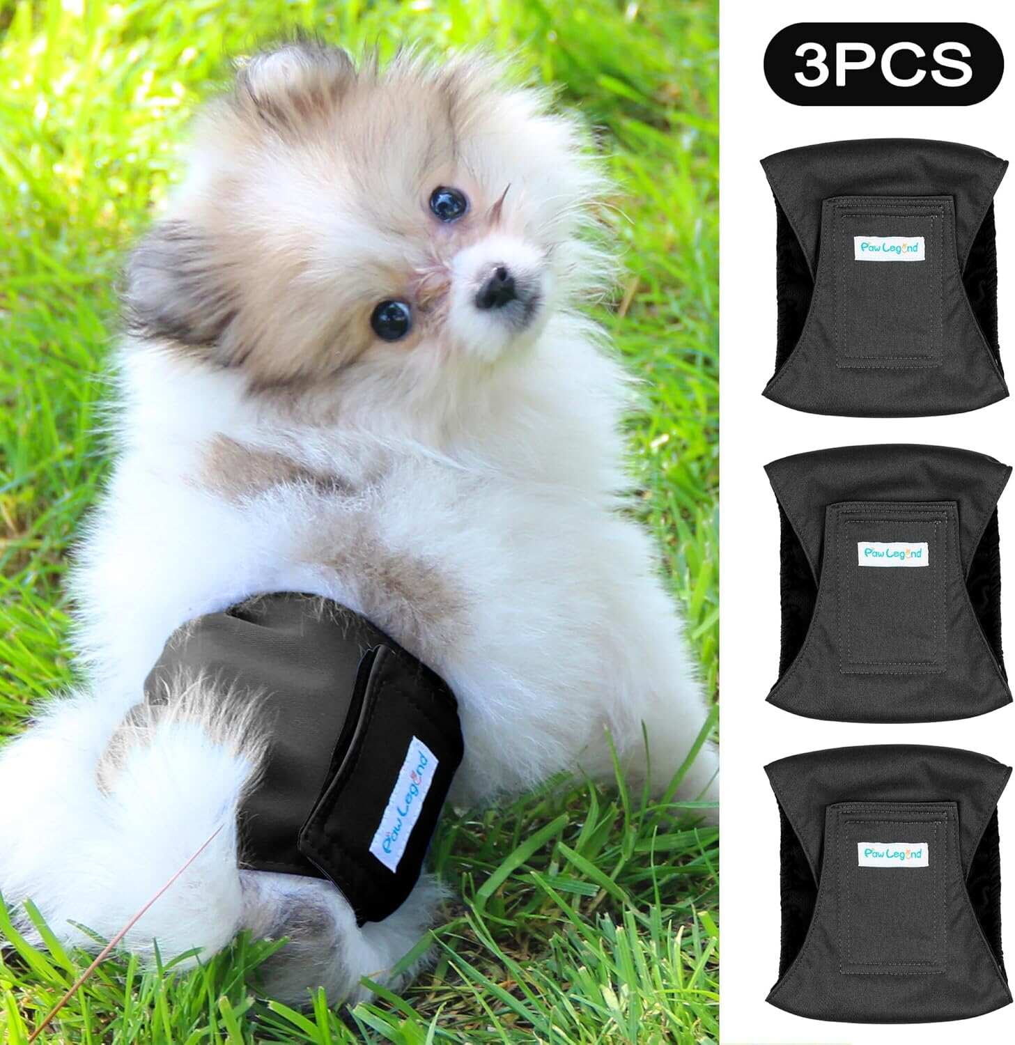 Paw Legend Washable Dog Belly Wrap Diapers for Male Dog (3 Pack)Black,M