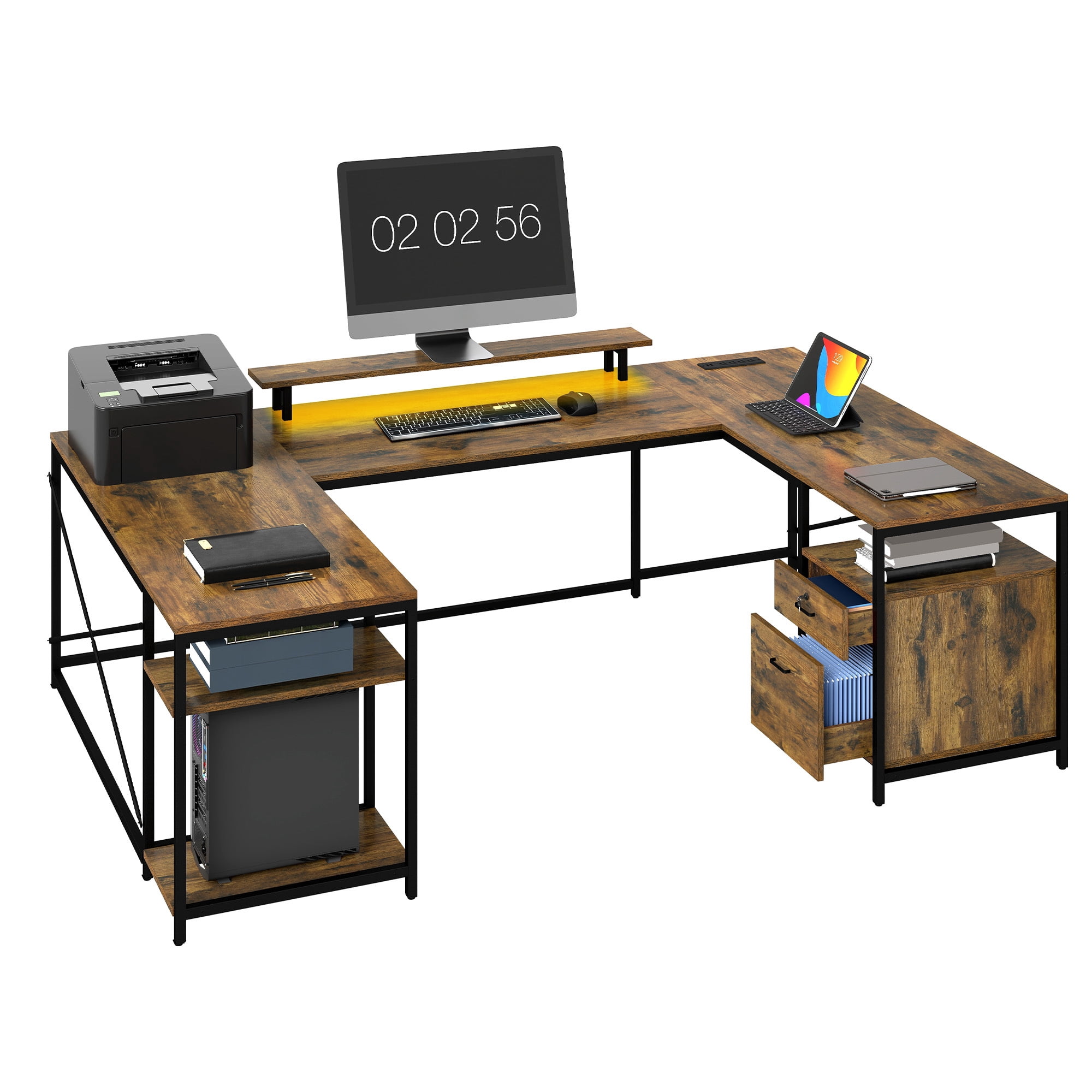 Uforic U Shaped Computer Desk with Power Outlets and LED Lights, Reversible L Shape Desk for Home Office, Brown