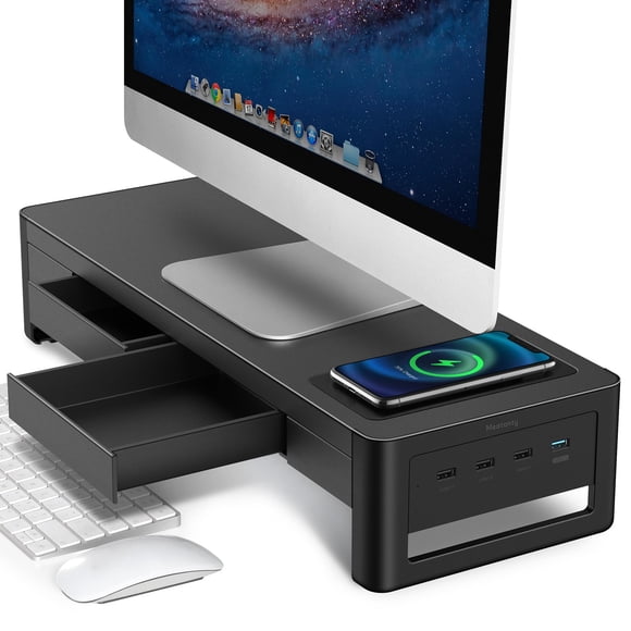meatanty Support de Moniteur 3 en 1 avec 2 Tiroirs, 1 Module de Charge Sans Fil et 4 Ports USB, Support d'Ordinateur en Métal pour Transfert de Données et Charge