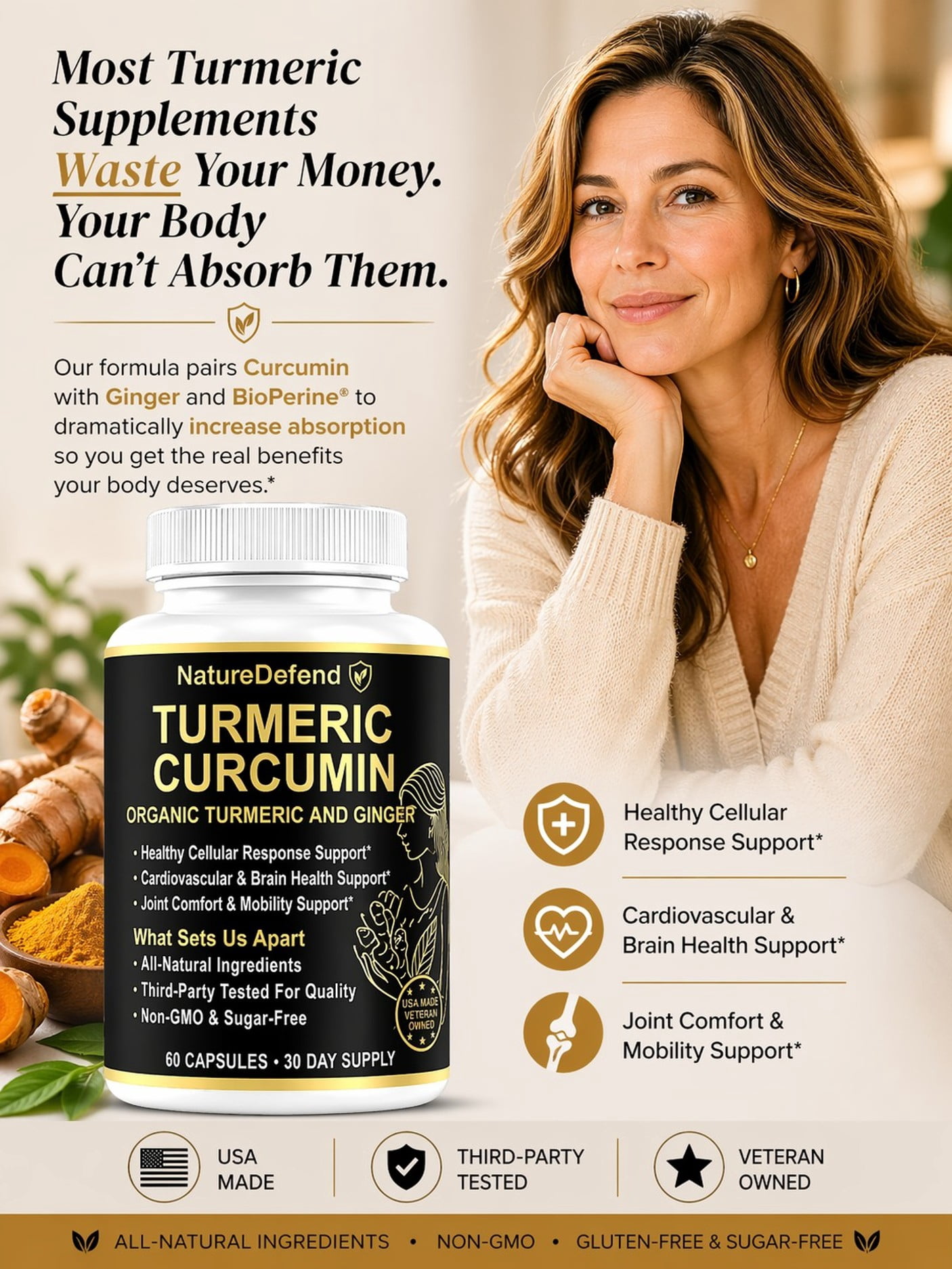 NatureDefend Turmeric Curcumin + Ginger Supplement, Joint & Heart Support, 60 Capsules, Veteran-Owned, USA Made